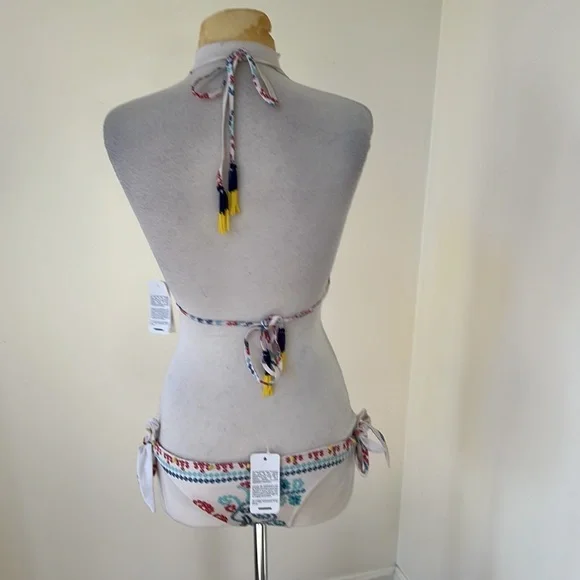 NWT! HEMANT & NANDITA printed size L off white Ananda two piece halter swim suit